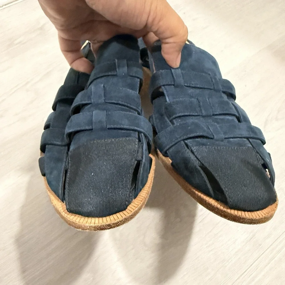 VANELi Womens 9N Navy Blue Suede Fisherman Sandals Woven Slingback Leather